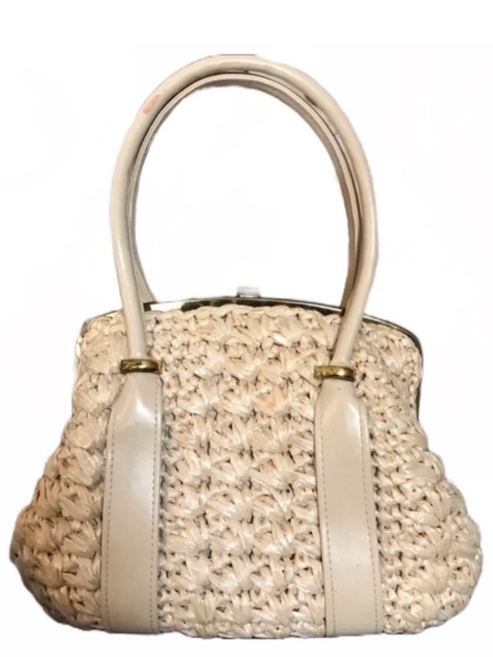 GAYMODE VINTAGE 1960'S IVORY STRAW FRAME HAND BAG WITH FAUX LEATHER ACCENTS